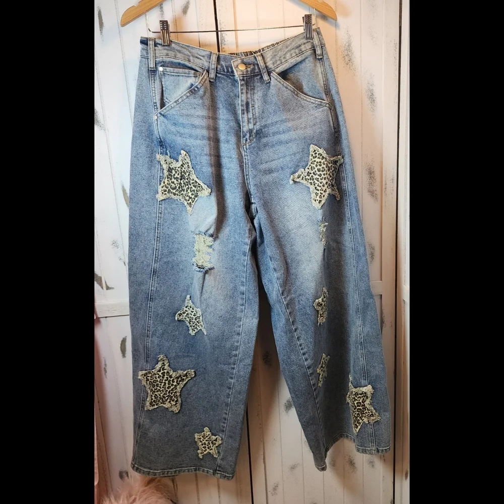 Blue Velvet Leopard Star Patch Wide-Leg Jeans